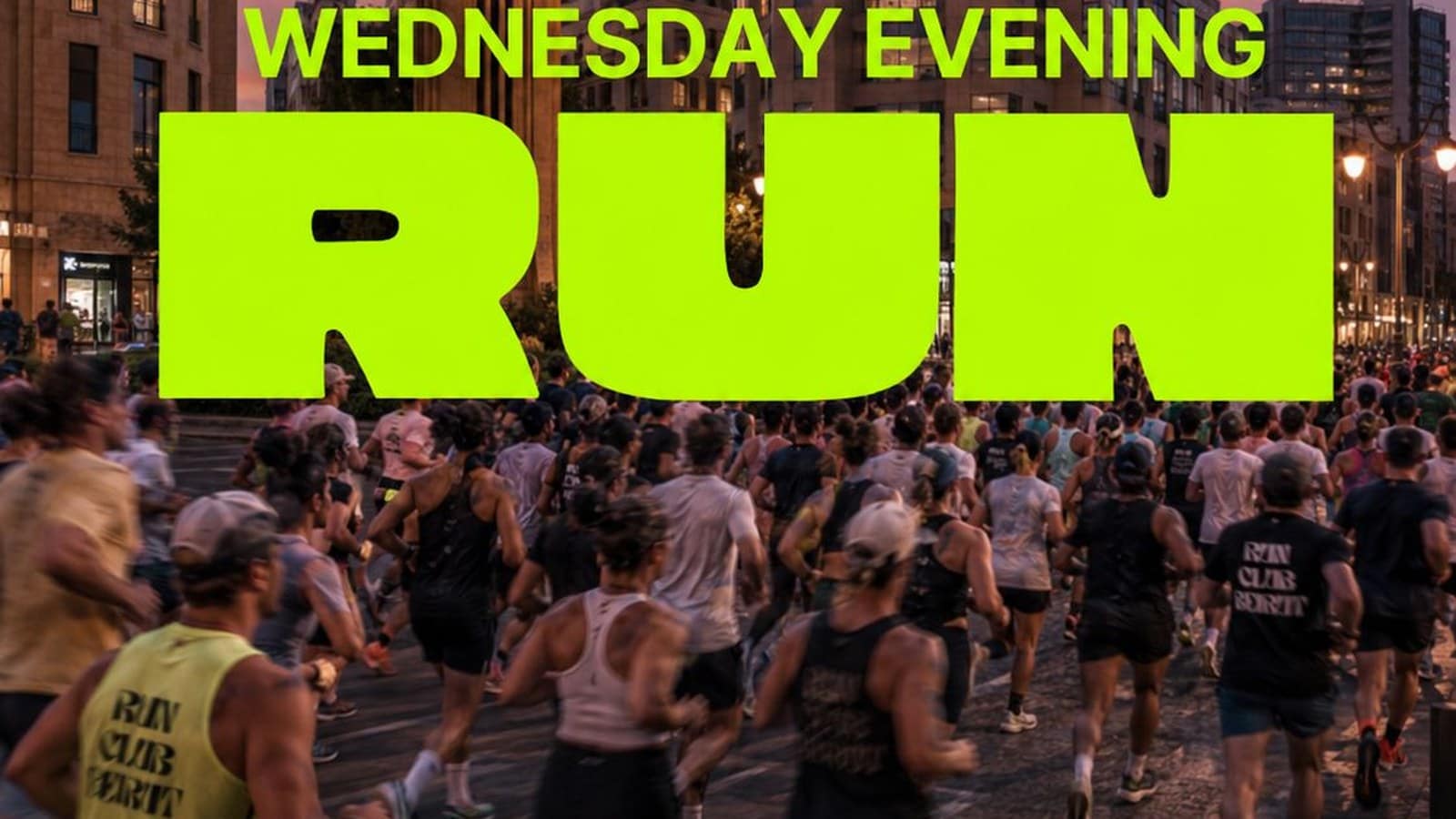 Run Club Beirut runners crossing Starco Square at dusk, the Wednesday Evening Run